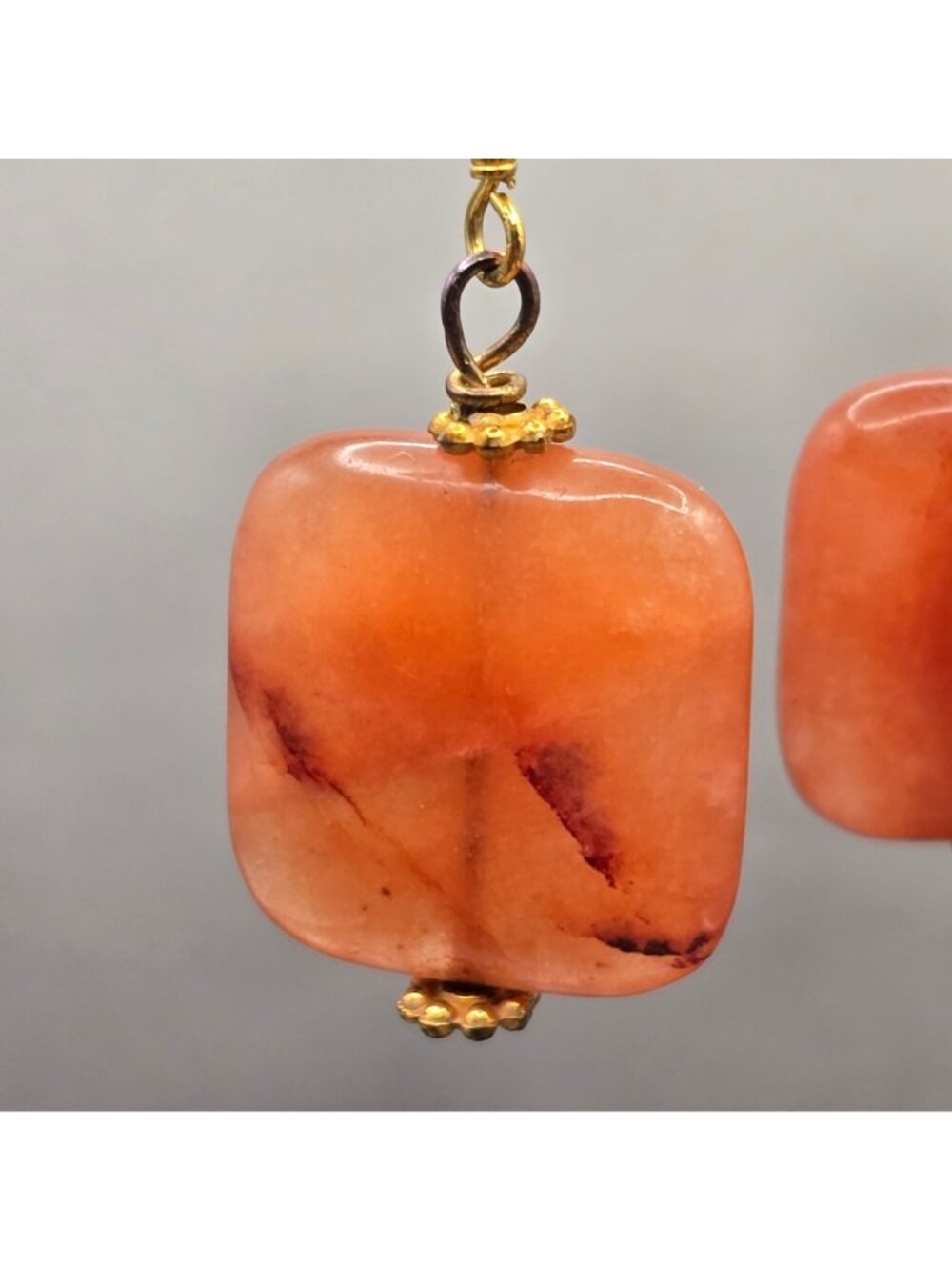 VTG Carnelian Dangle Earrings 1.75" Mixed Metal Floral Caps Bohemian Statement - Picture 5 of 13